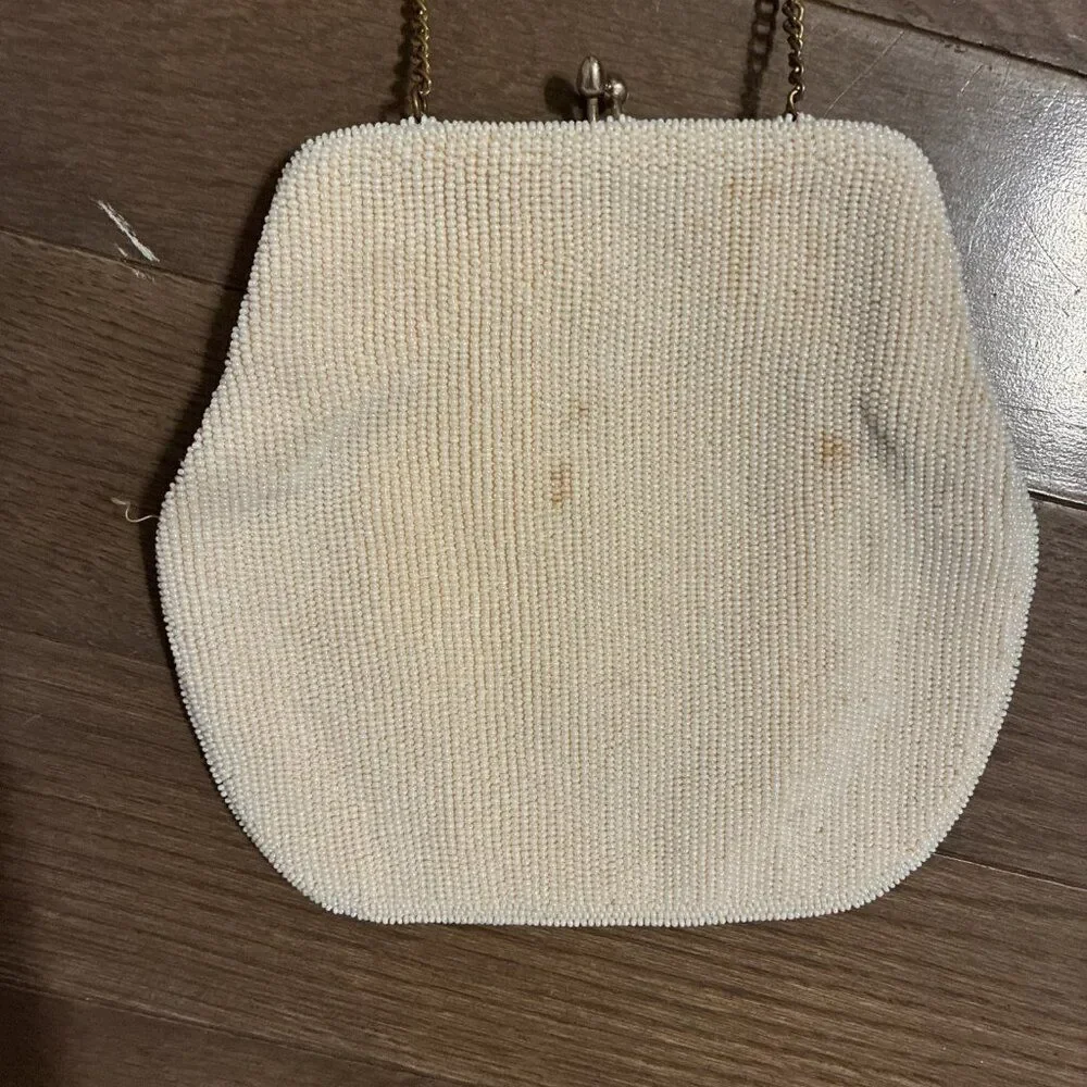 Vintage White Beige Floral Beaded Chain Crossbody Bag Purse
